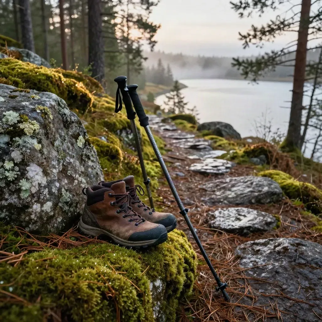 Mossig skogsstig med vandringsstavar, slitna kängor och dimmig sjökrök i morgonljus.