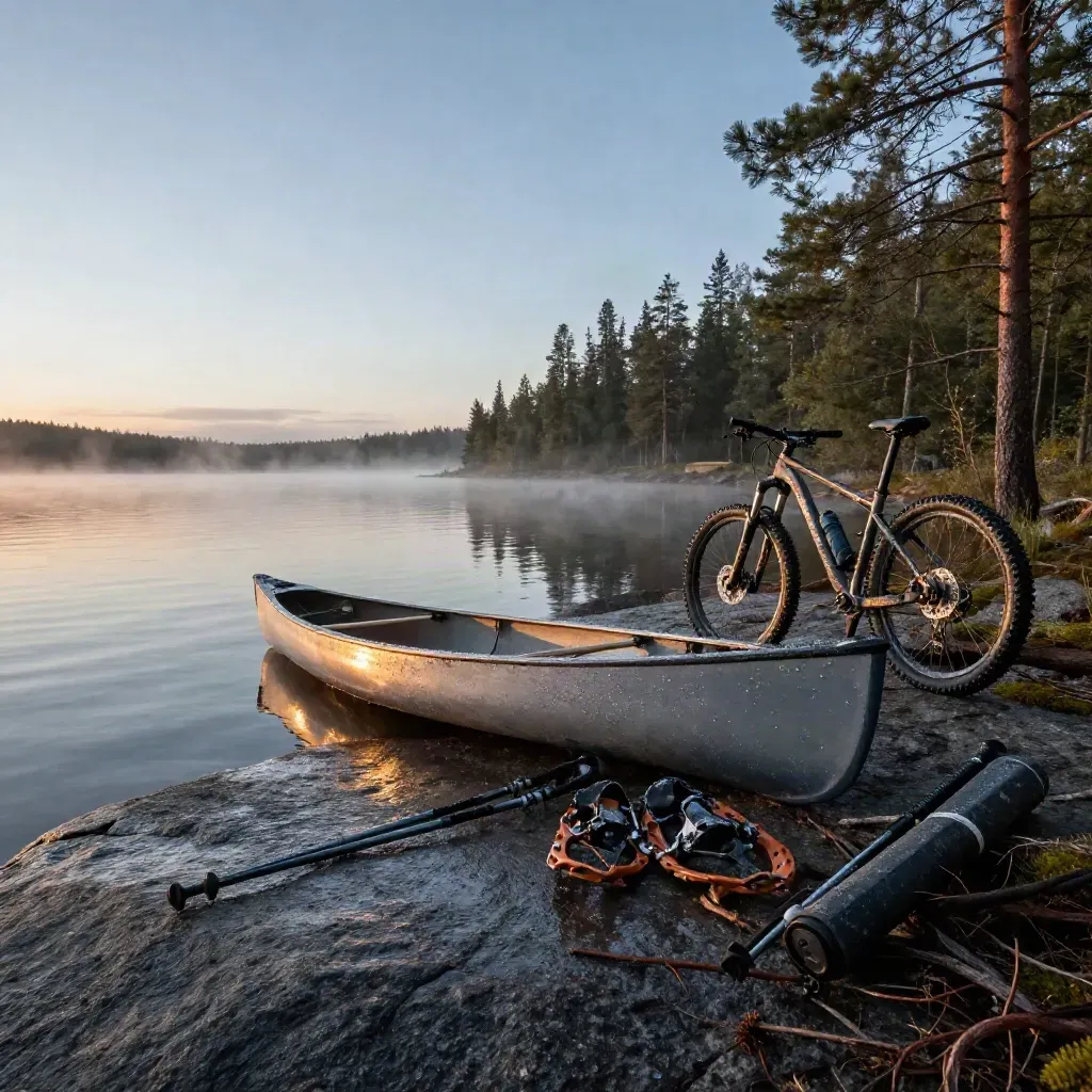 Kanotnäsa, MTB, snöskor och fiskefodral vid dimmig sjö i blå timme