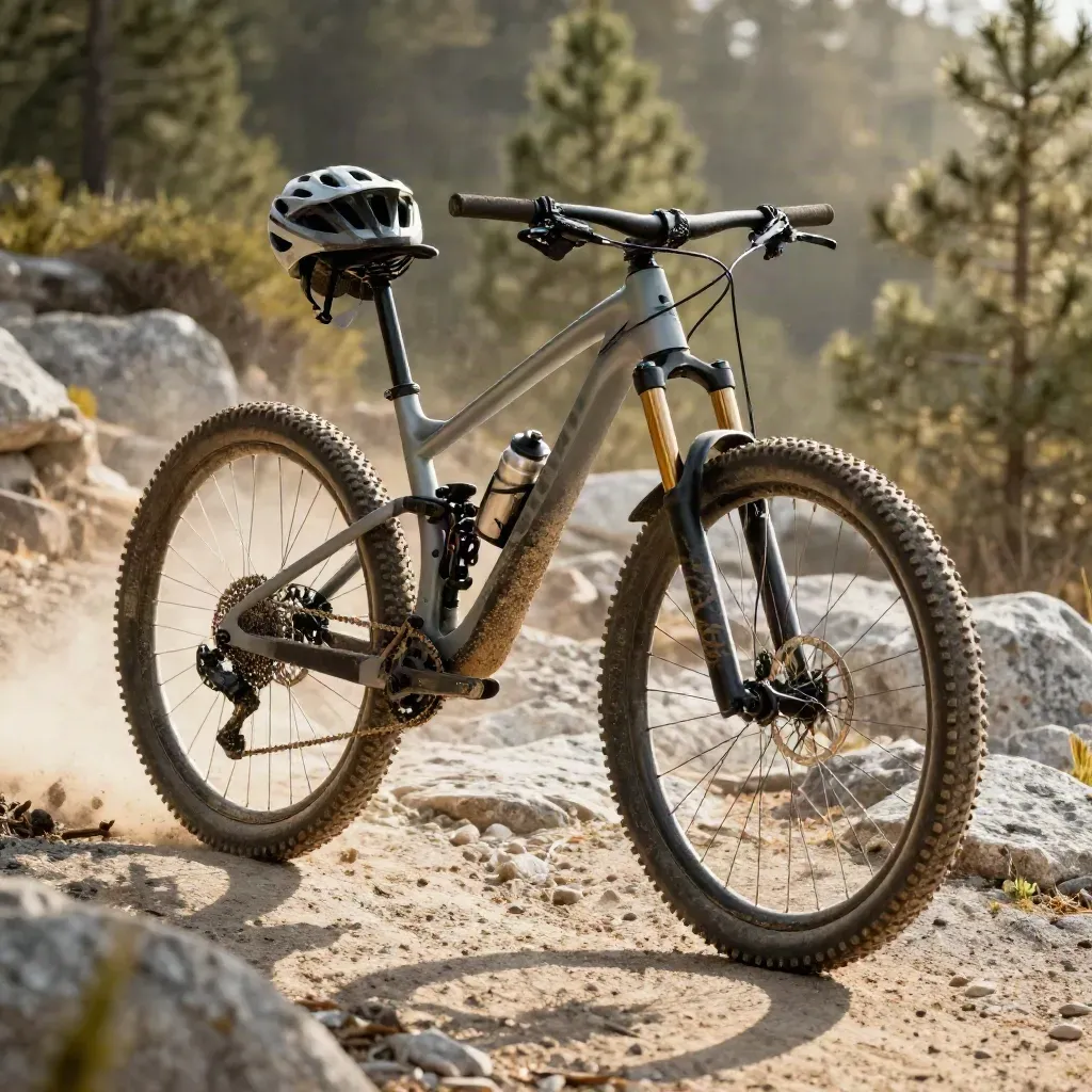 Smutsig mountainbike vid en granitrot med hjälm och vattenflaska i skogsljus