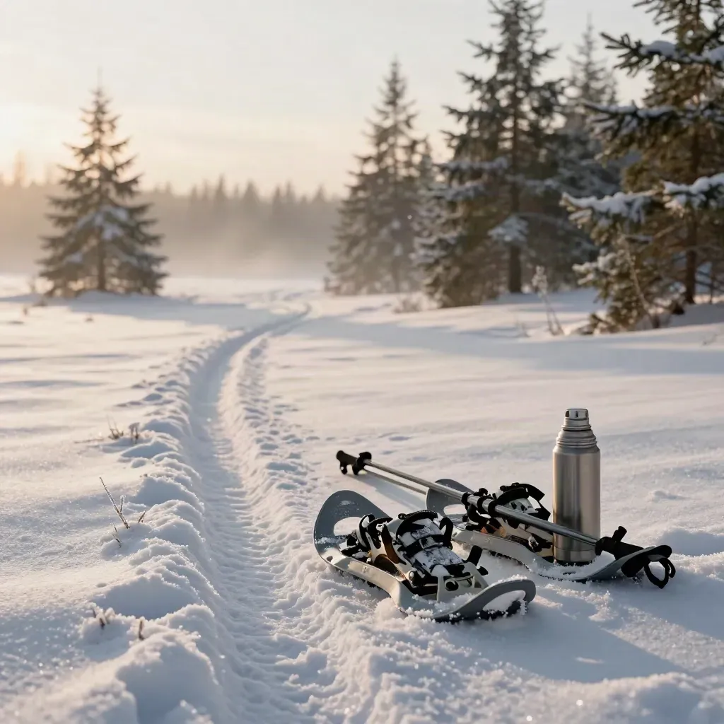 Snöskor och termos vid färska spår i gryning mellan granar.
