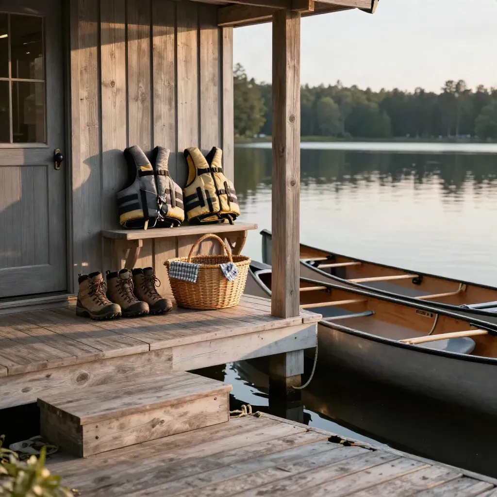 Stugveranda med tre par kängor, picknickkorg, flytvästar och kanoter vid bryggan i varmt kvällsljus.