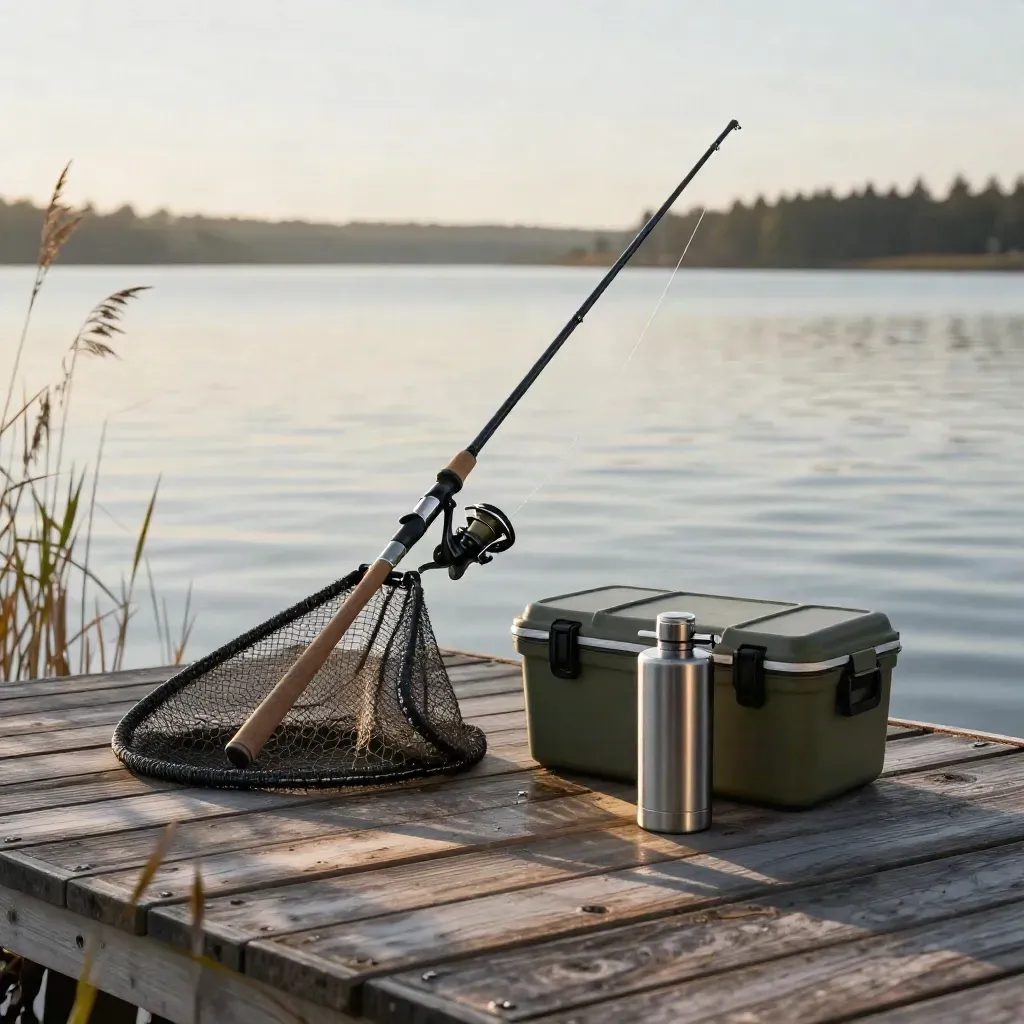Fiskeredskap vid en brygga vid en stilla dalasjö i morgonljus