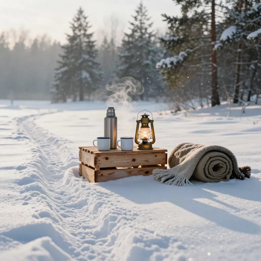 Snöskospår, lykta och varma filtar i en stilla glänta vid granskog.