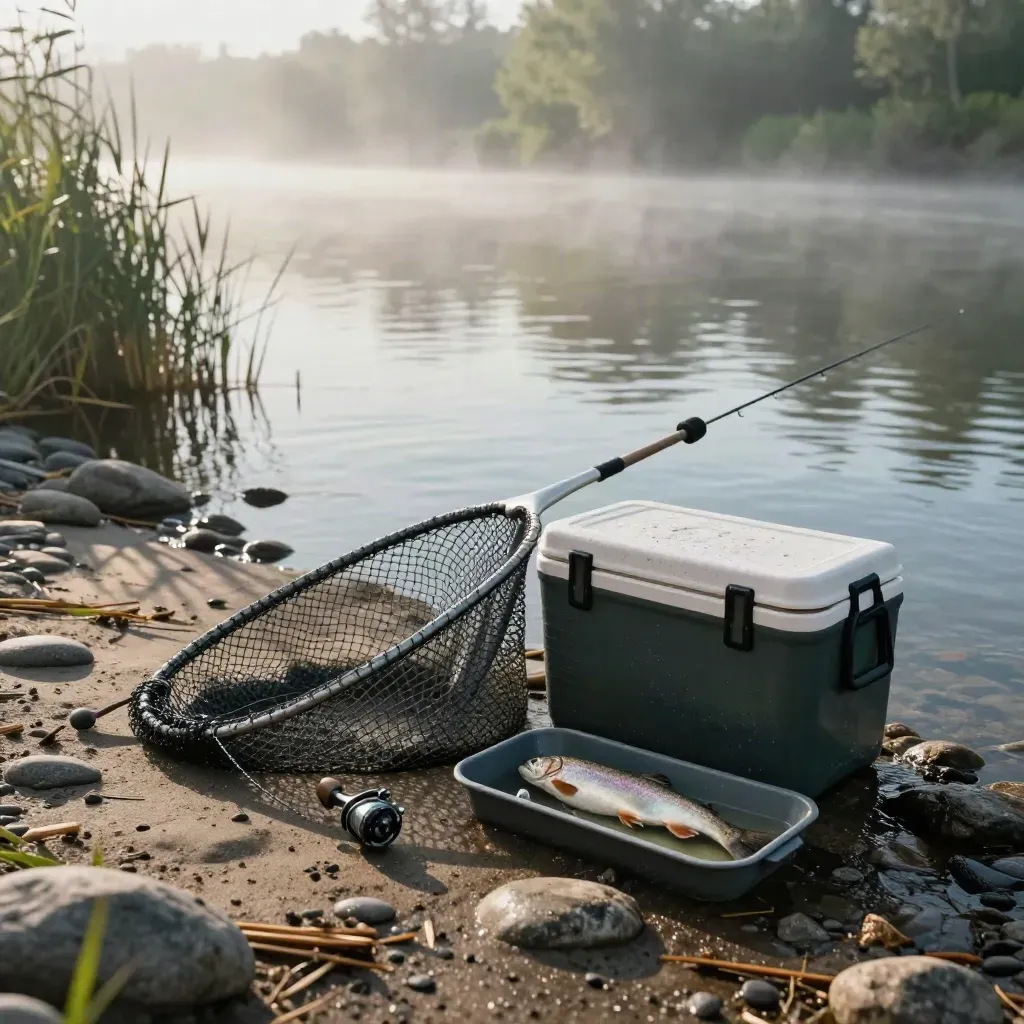 Håv, kylbox, spöställ och fångstbricka vid en stilla älv i morgondimma.