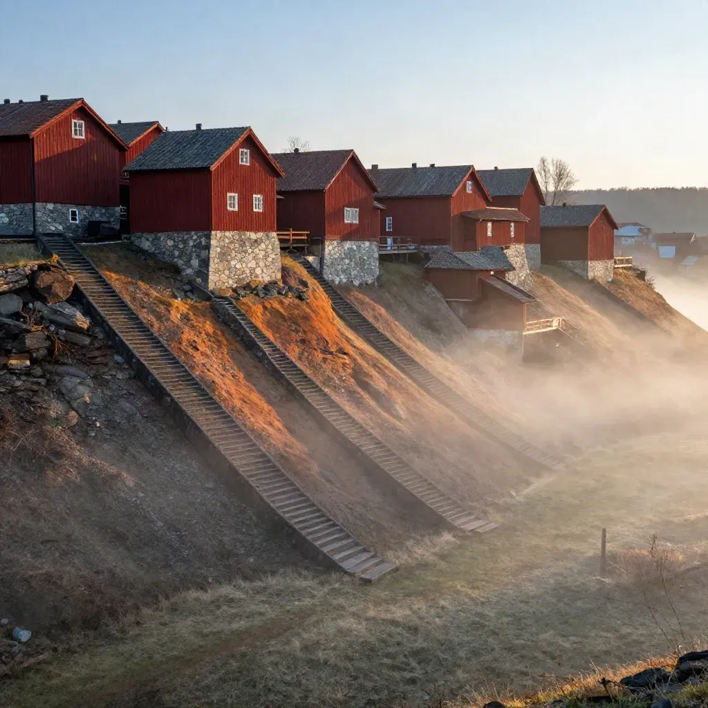 Falu koppargruva i kvällsdimma med röda trähus högt över en lugn dal.
