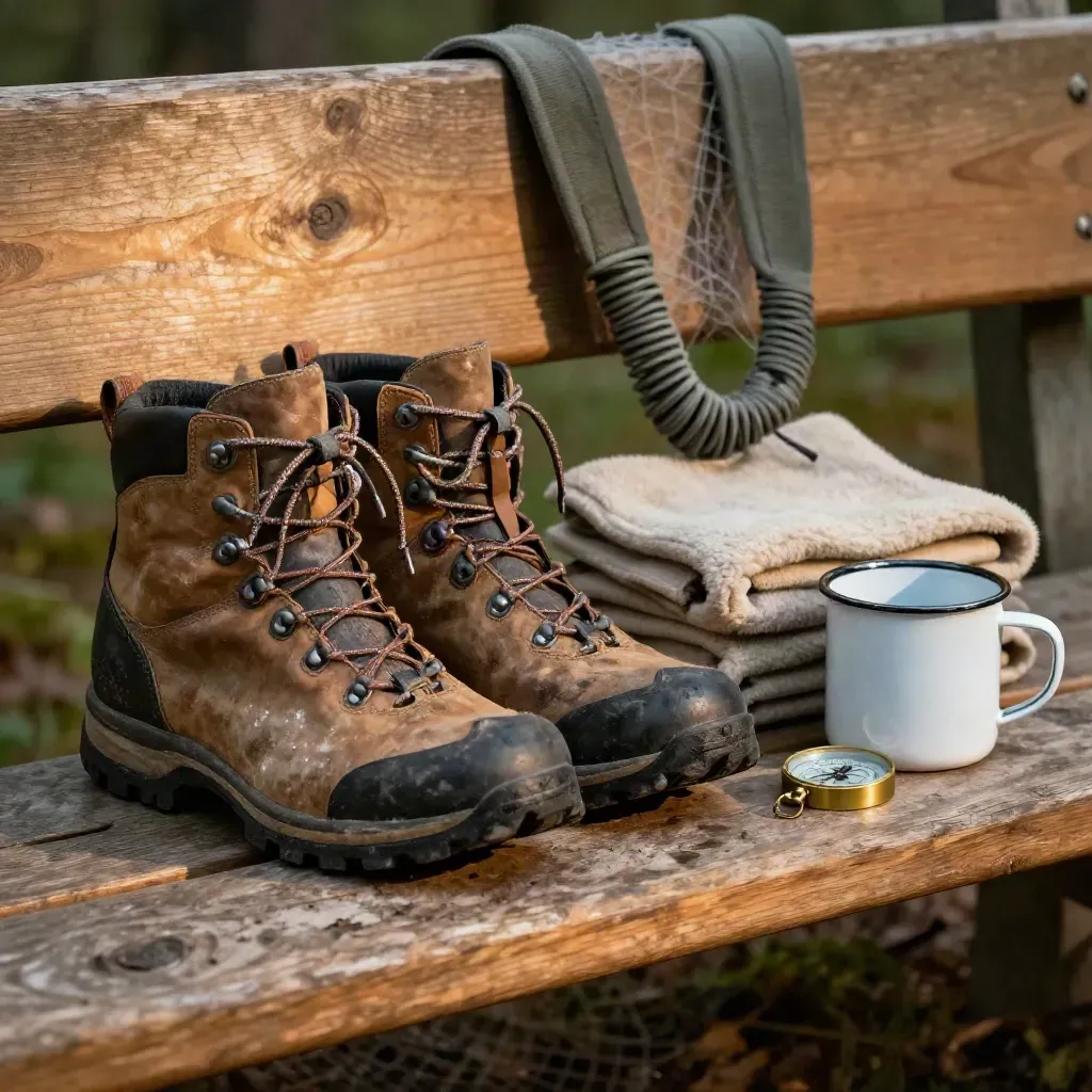 Stövlar, rem, fleece, mugg och kompass på en furu-bänk i varmt cabinljus.
