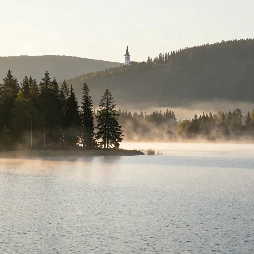 Dimma över Siljan med skogsklädda stränder och en vit kyrkspira på höjden i morgonsol.