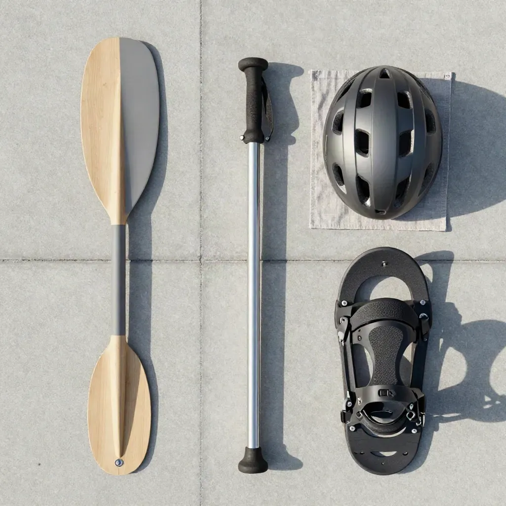 Överhead flatlay med paddelblad, vandringsstav, cykelhjälm och snöskobindning på betong.