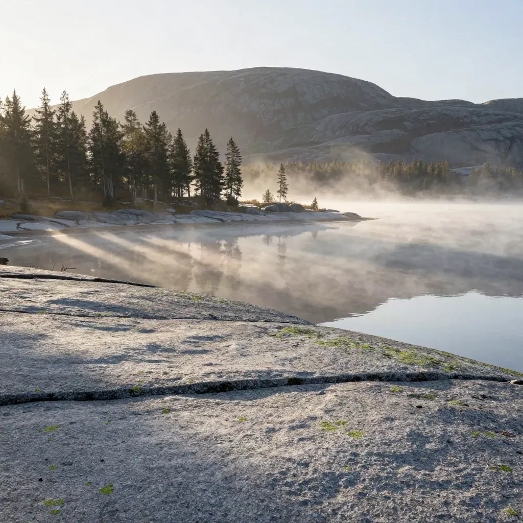 Granitstrand i Norra Dalarna med dimma, gran och fjäll i morgonljus